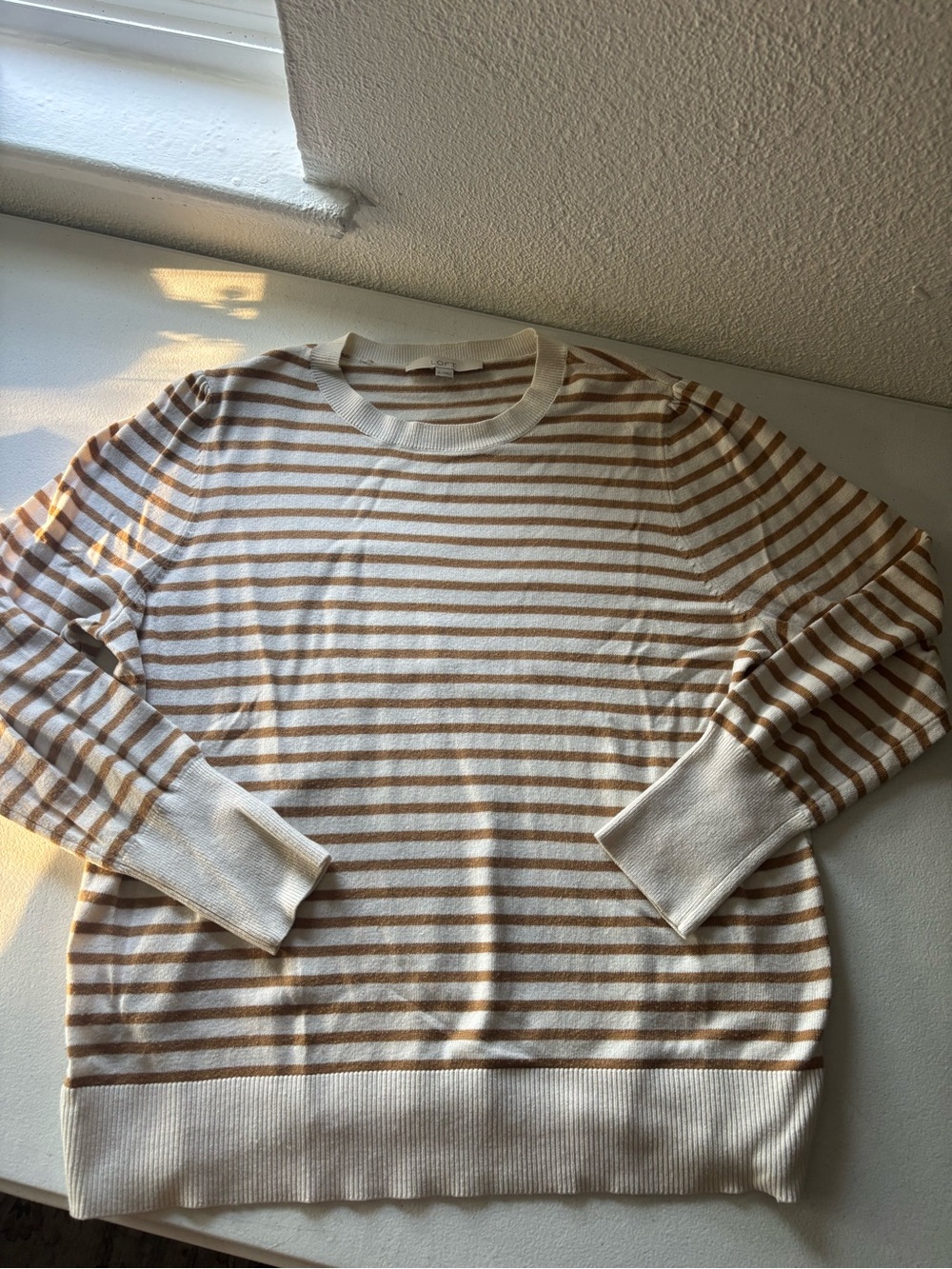 LOFT Cream and Brown Striped Crewneck Sweater
